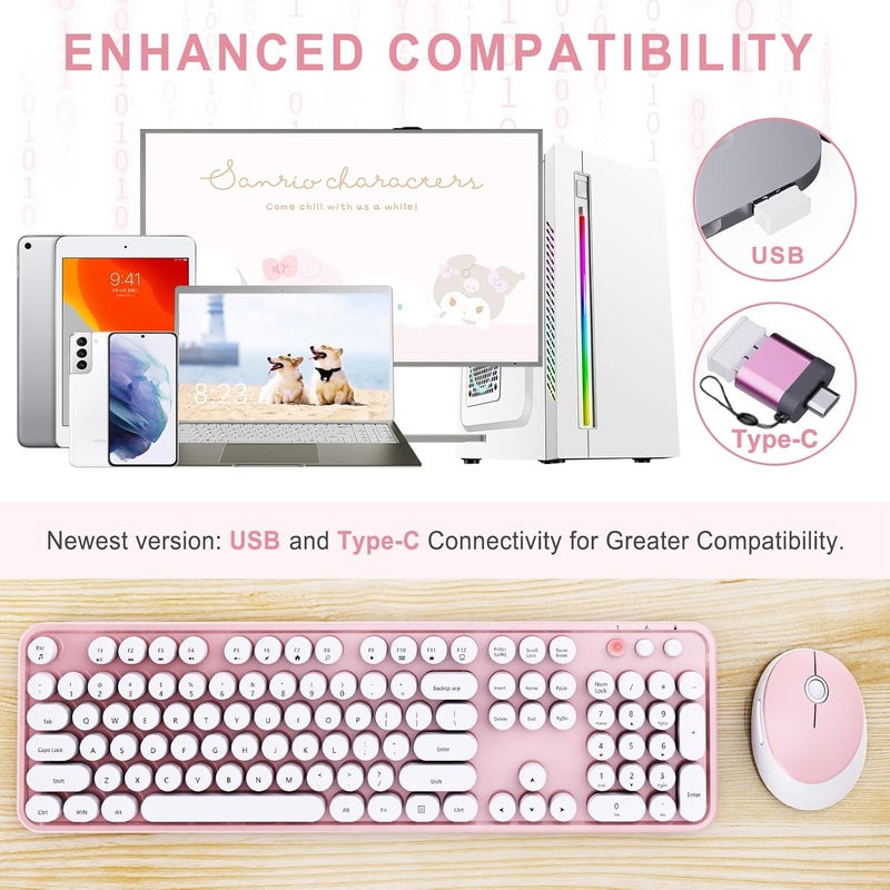 SkyGive Wireless Keyboard and Mouse Combo, Ergonomic Full Size Typewriter Retro Round Keycaps Keyboard, Compatible with Windows, PC, Perfer for Home and Office Keyboards (Lovely Pink) - Image 2